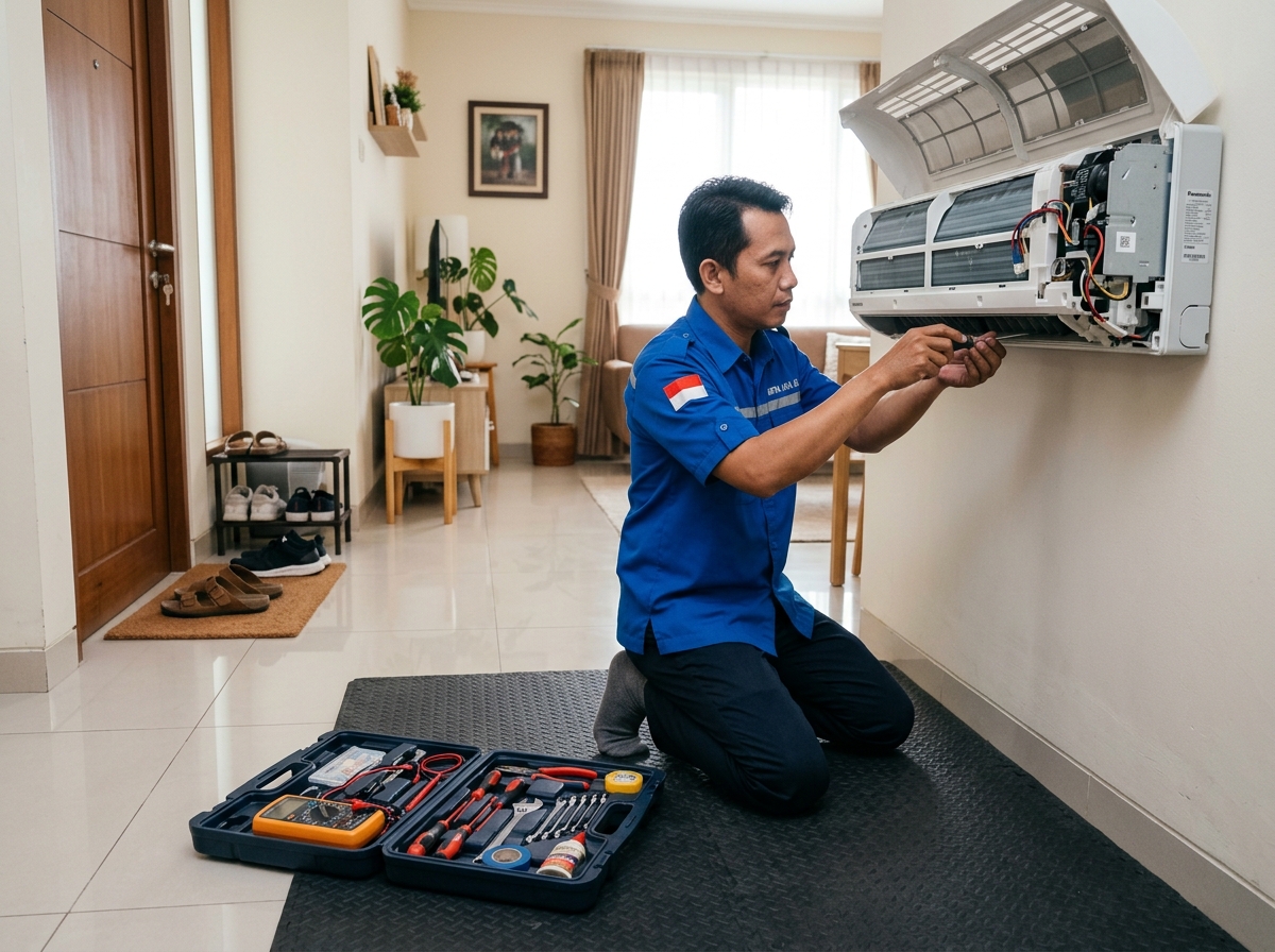 Teknisi Sejukin bekerja di atas alas pelindung dengan perkakas tertata rapi