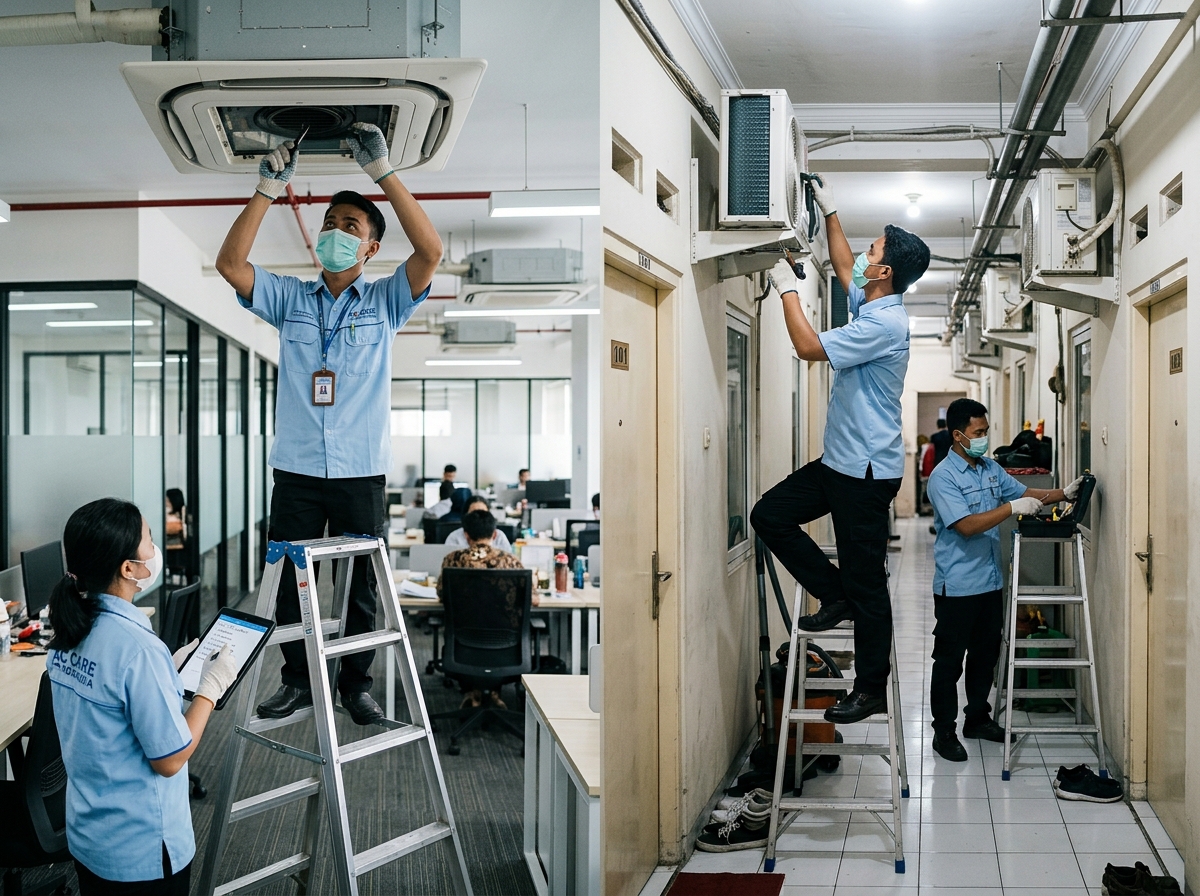 Tim teknisi Sejukin merawat beberapa unit AC di kantor dan koridor kos